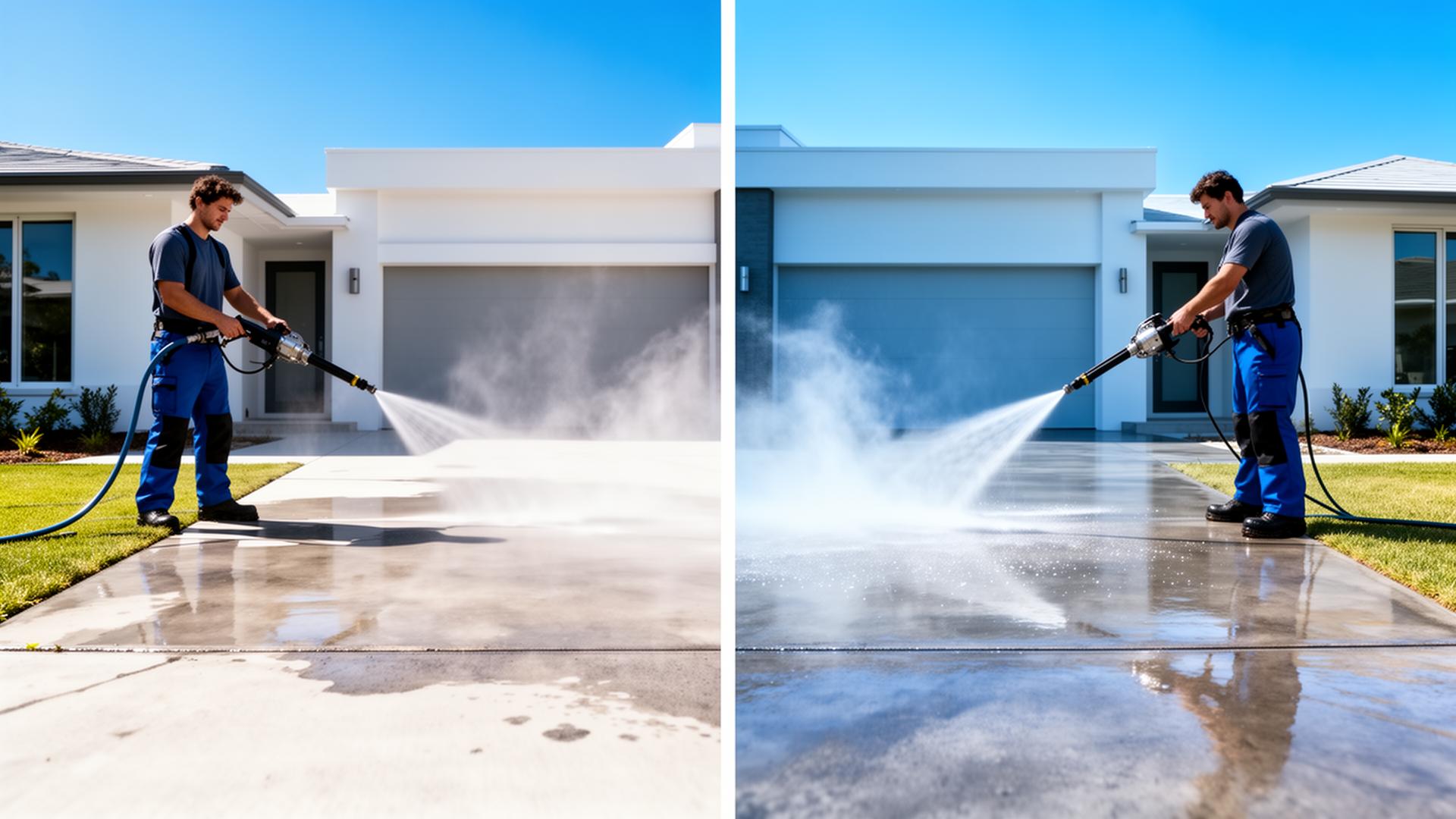 Pressure washing before and after of a home driveway